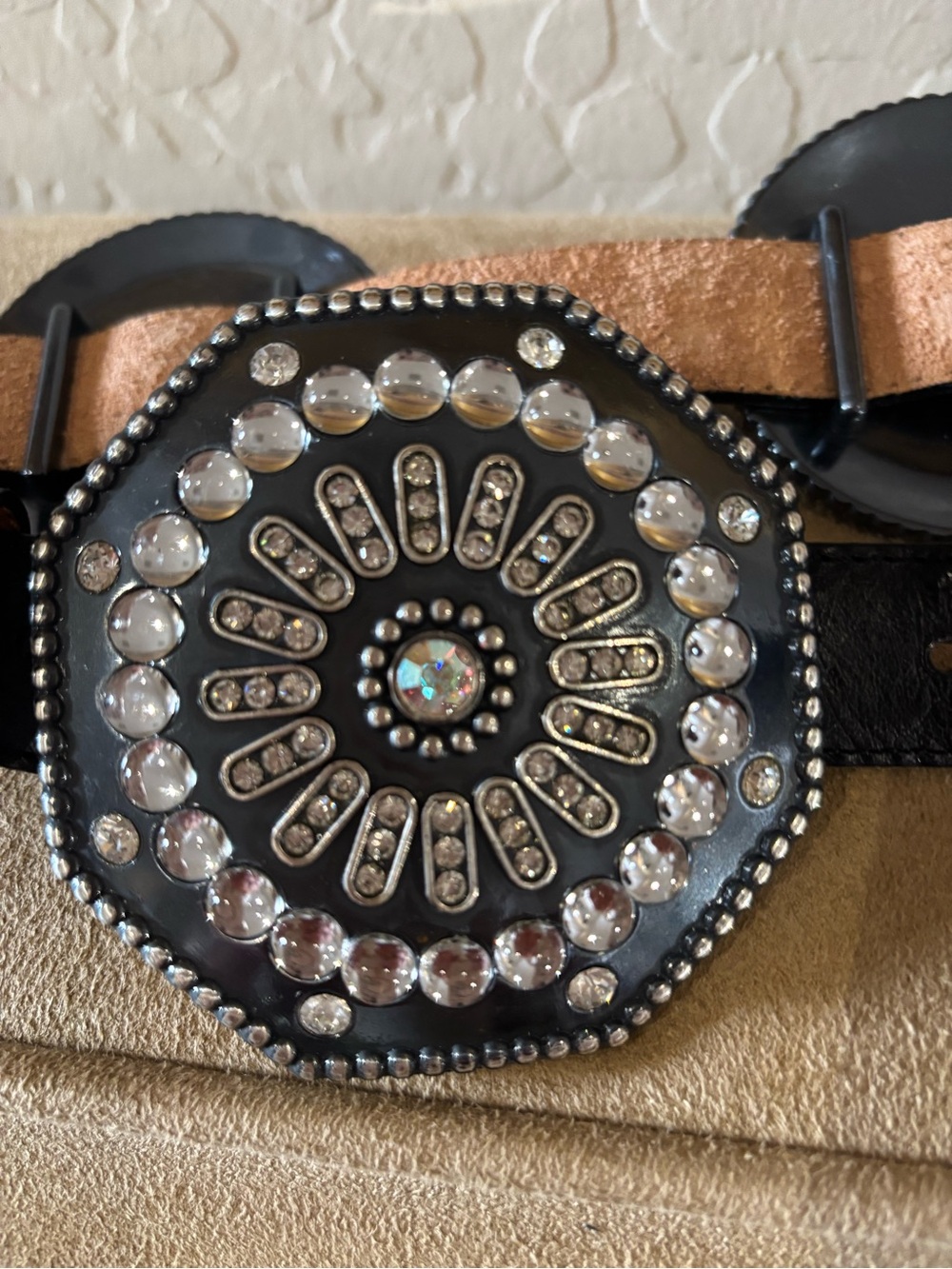 Tony Lama Leather Embellished Black Belt with Encrusted Crystal Medallions - Picture 3 of 4